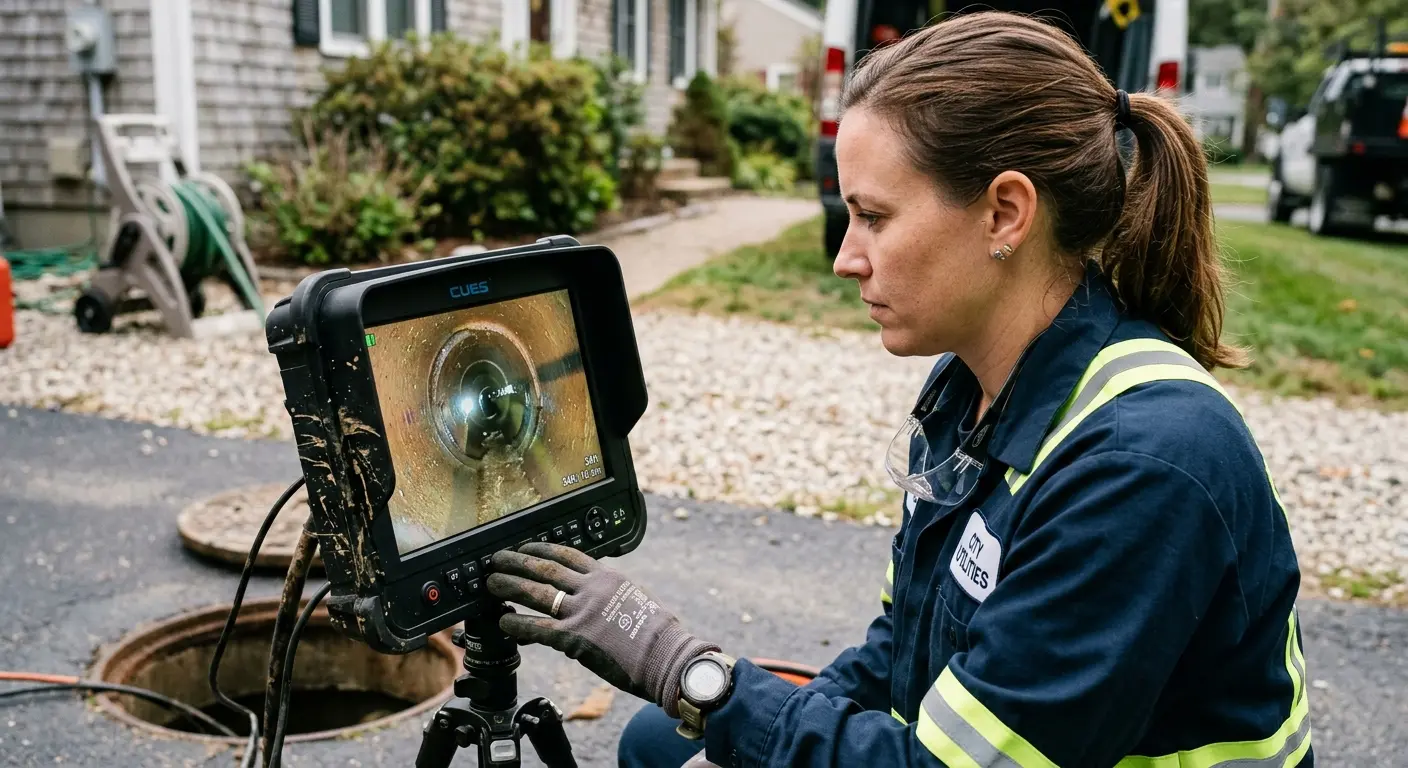 Technician reviewing sewer camera inspection footage in Ephrata