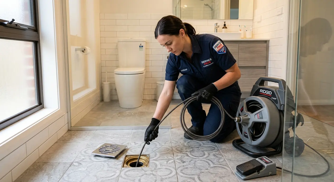 Technician clearing a bathroom floor drain for Hydro Jetting in Ephrata